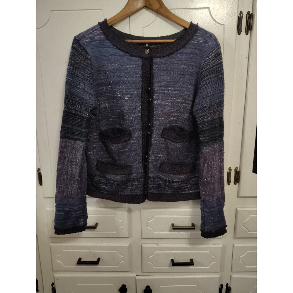 FREE PEOPLE Blue Combo Knit Button Front Cardigan Pocket Sweater Size Medium